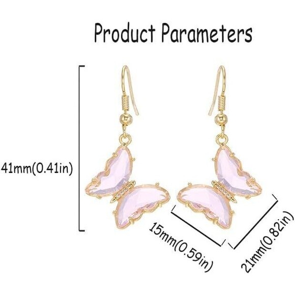 CZ Butterfly Glass Drop Dangle Earrings Silver Post Cubic Zirconia Gold Plated - Picture 5 of 6